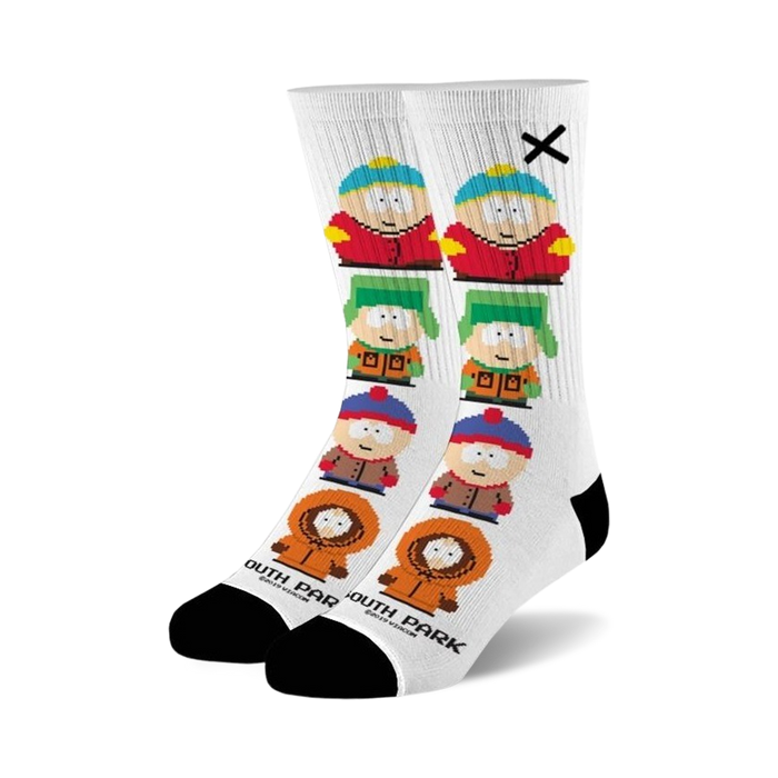  8 bit characters from the tv show south park in crew length socks made for men and women.    }}