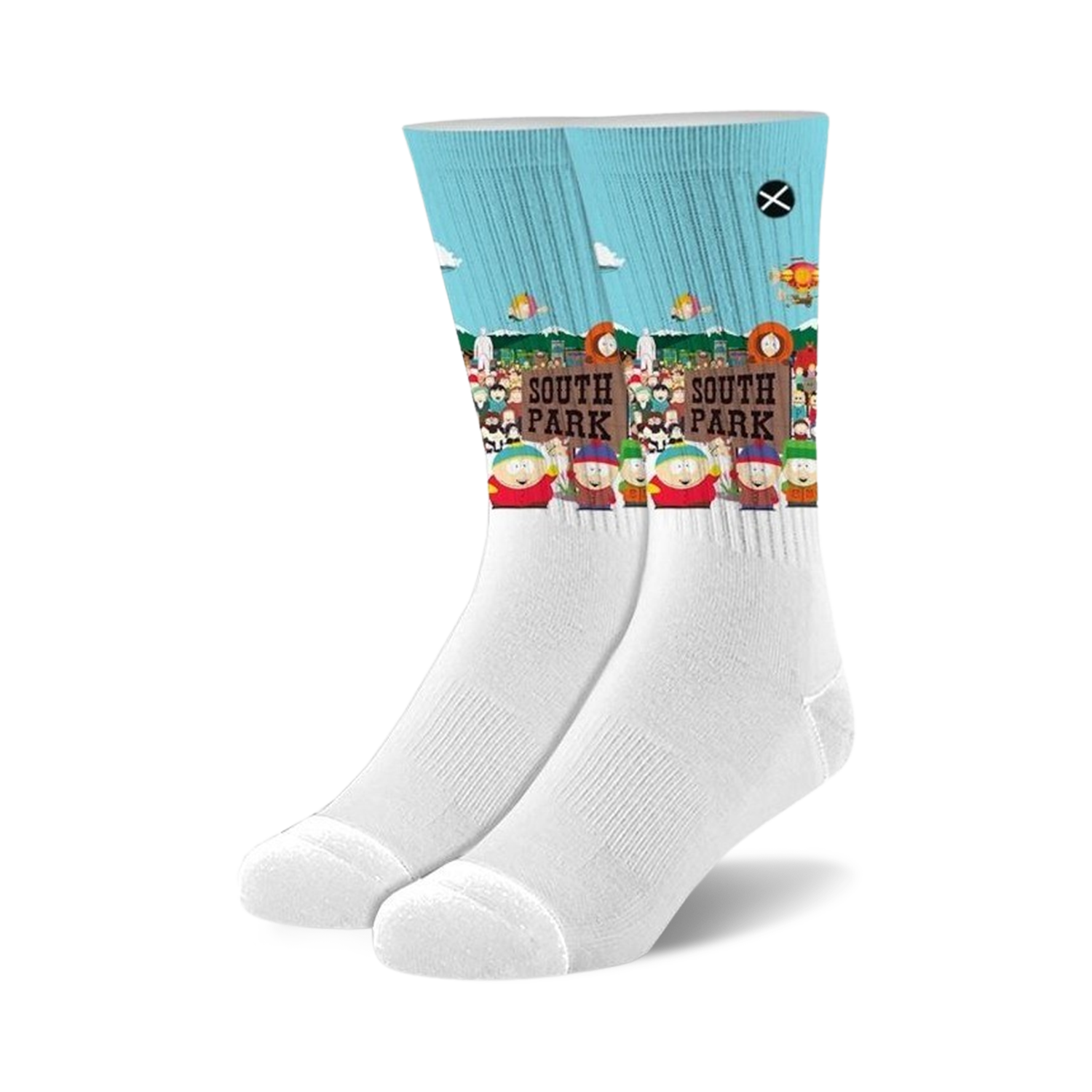 Pair of white crew socks. The cuff features a light blue background with the South Park gang and 'South Park' text.