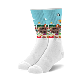 white and light blue south park crew socks feature stan, kyle, cartman, kenny, and big gay al in winter attire.   