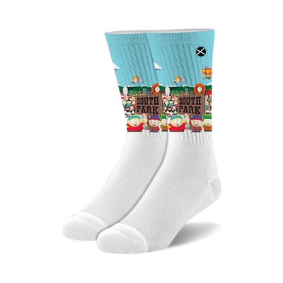 white and light blue south park crew socks feature stan, kyle, cartman, kenny, and big gay al in winter attire.   