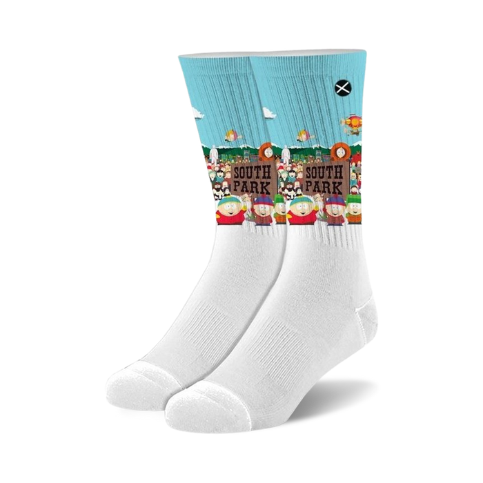 white and light blue south park crew socks feature stan, kyle, cartman, kenny, and big gay al in winter attire.    }}