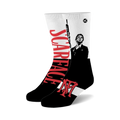 Black and white crew socks featuring Al Pacino from Scarface, a red 'Scarface' graphic, and a red and white 'NY' logo. 
