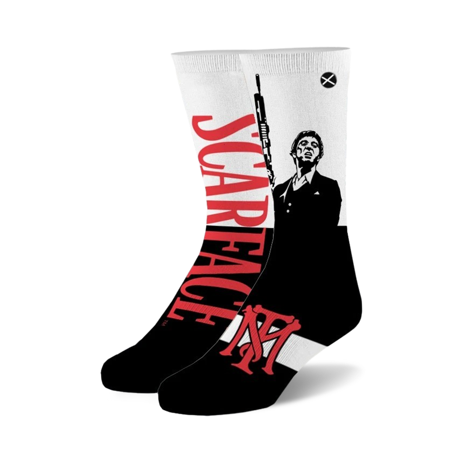 Black and white crew socks featuring Al Pacino from Scarface, a red 'Scarface' graphic, and a red and white 'NY' logo. 
