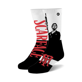mid-calf length crew socks. black and red tony montana pattern. made for men and women. themed after scarface.  