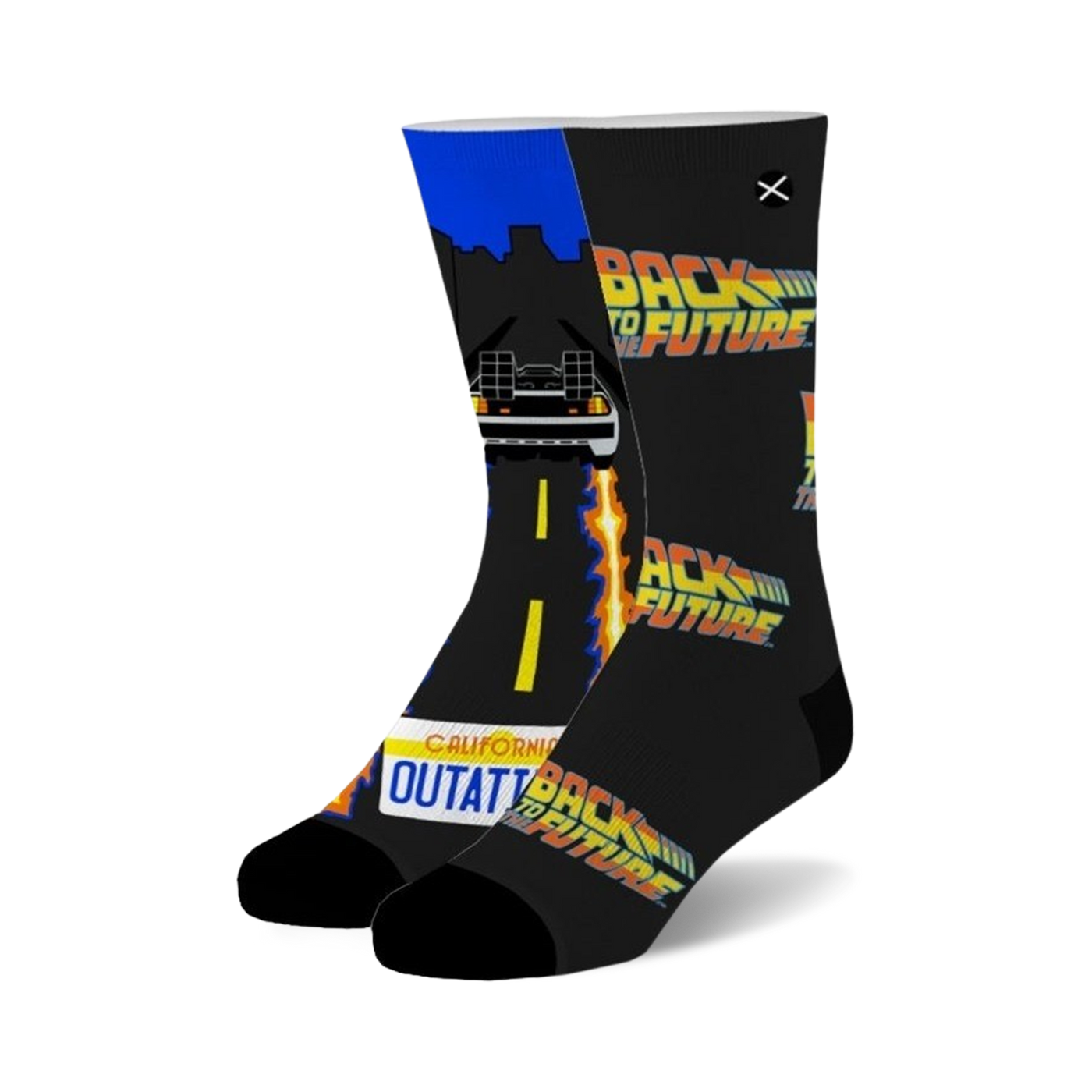 Pair of black crew socks with Back to the Future design. Features DeLorean, flames, and OUTATIME license plate. 