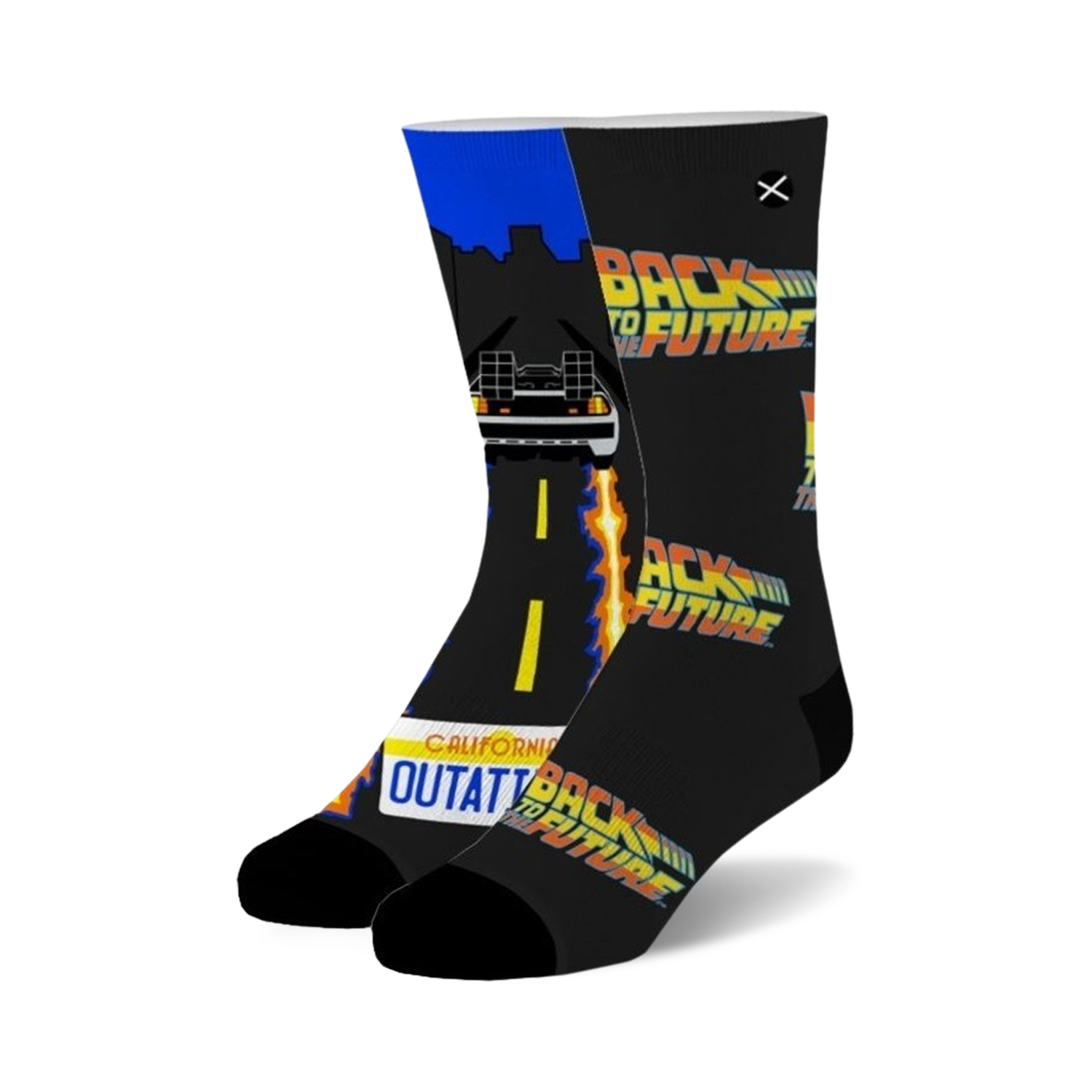 Pair of black crew socks with Back to the Future design. Features DeLorean, flames, and OUTATIME license plate. 
