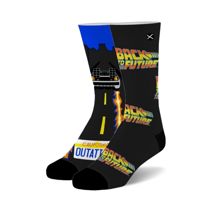 show off your love for back to the future with these crew socks featuring the delorean dmc-12 car from the classic movie.    }}