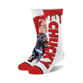 A pair of Chucky crew socks.  They're white with a large red 'CHUCKY' graphic and an image of Chucky holding a knife.