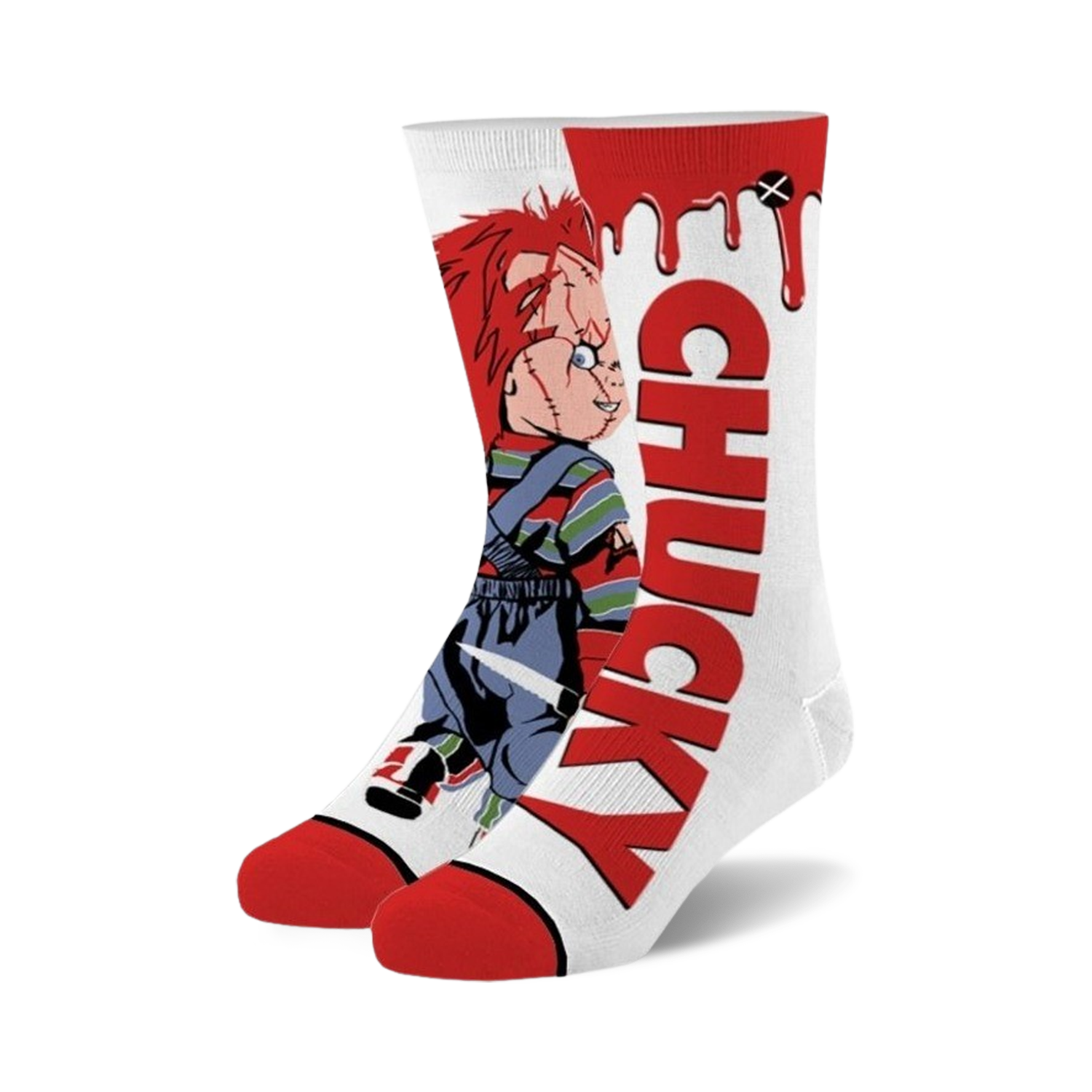 A pair of Chucky crew socks.  They're white with a large red 'CHUCKY' graphic and an image of Chucky holding a knife.
