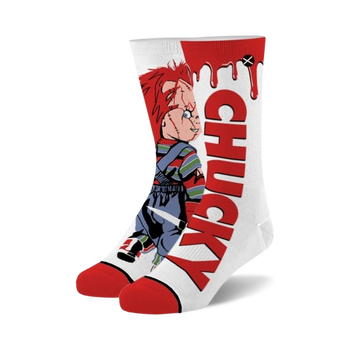 chucky horror movie character white crew socks with bloody dripping effect, suitable for both men and women.  