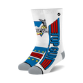 Pair of white crew socks with Top Gun logo and design elements in red, white, and blue.  Features a jet plane image and the movie title.