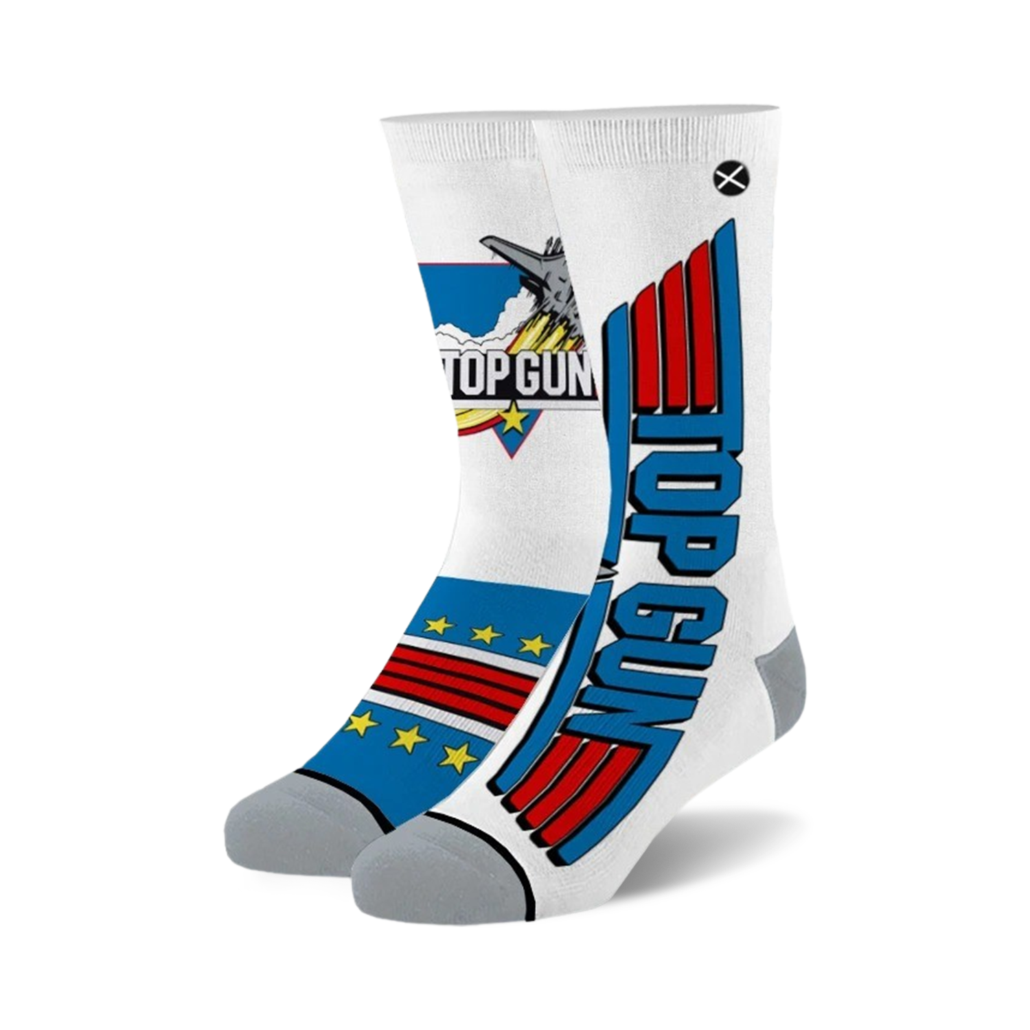 Pair of white crew socks with Top Gun logo and design elements in red, white, and blue.  Features a jet plane image and the movie title.