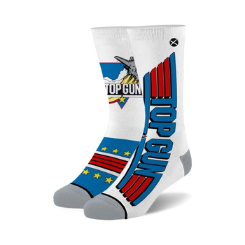 white crew socks with gray toe and heel, feature a large fighter jet image, "top gun" written on the side, and stars. 
