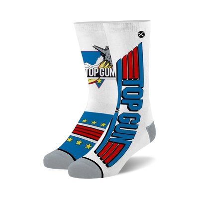 white crew socks with gray toe and heel, feature a large fighter jet image, "top gun" written on the side, and stars. 