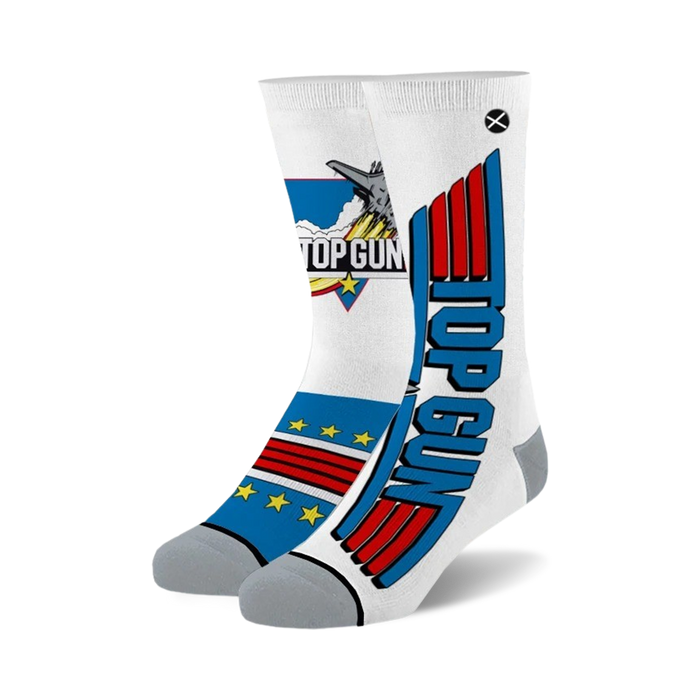 white crew socks with gray toe and heel, feature a large fighter jet image, 