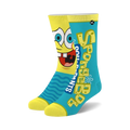 Crew socks in yellow and teal featuring a large Spongebob Squarepants graphic and text.