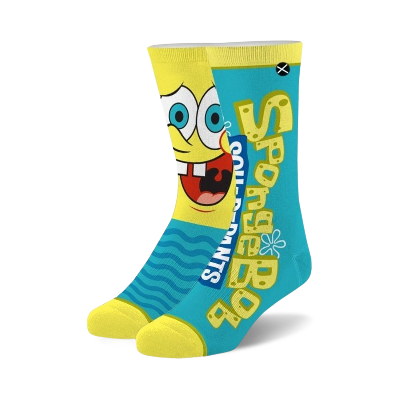 Crew socks in yellow and teal featuring a large Spongebob Squarepants graphic and text.