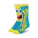 Crew socks in yellow and teal featuring a large Spongebob Squarepants graphic and text.