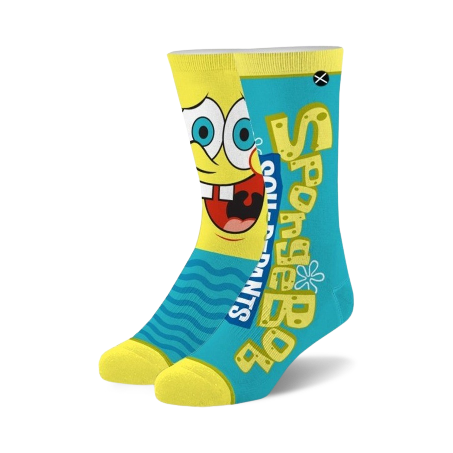 Crew socks in yellow and teal featuring a large Spongebob Squarepants graphic and text.