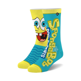 yellow and blue crew-length socks featuring spongebob squarepants face graphic.   