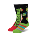 Crew socks with Teenage Mutant Ninja Turtles faces and logo.  Red, green, and black color scheme.