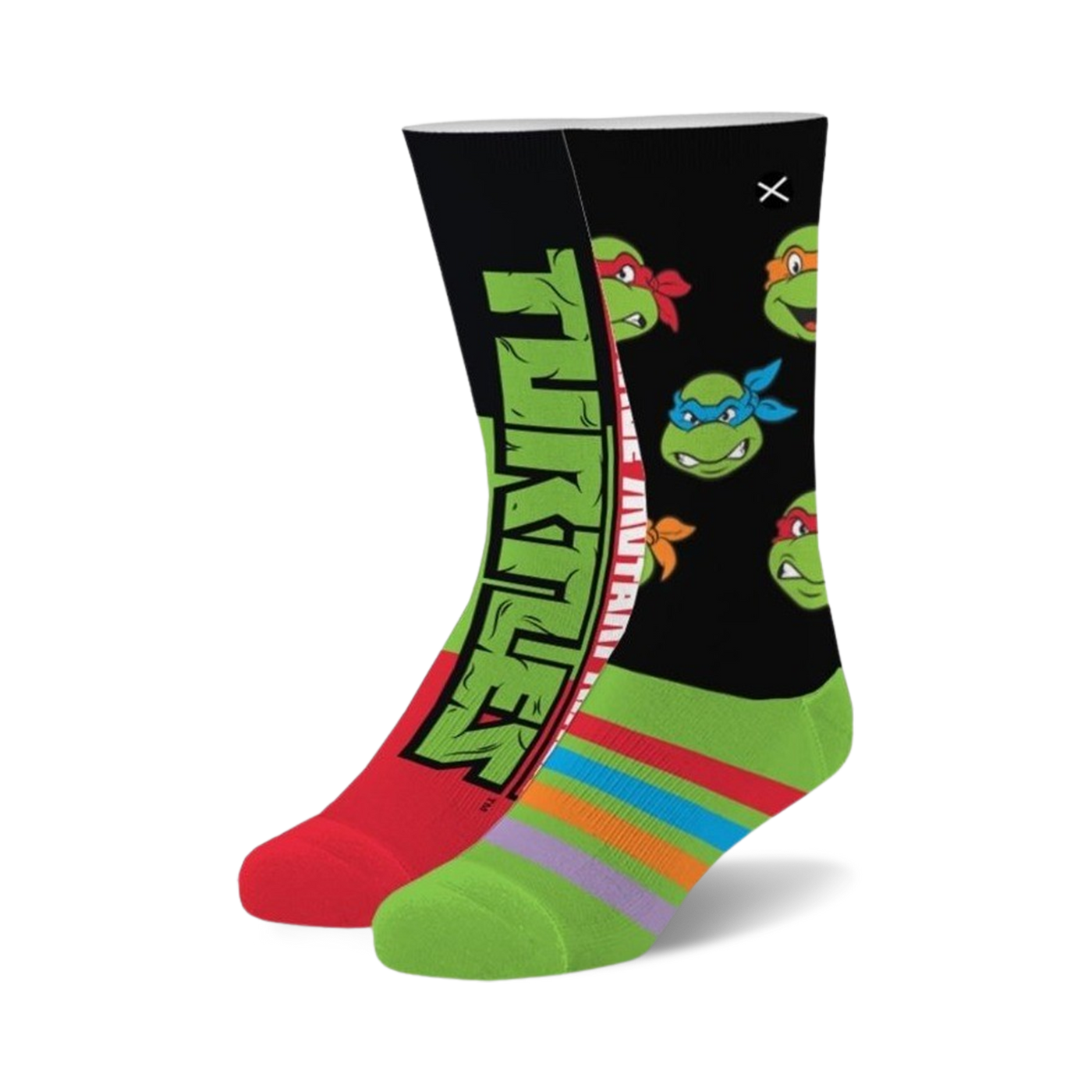 Crew socks with Teenage Mutant Ninja Turtles faces and logo.  Red, green, and black color scheme.
