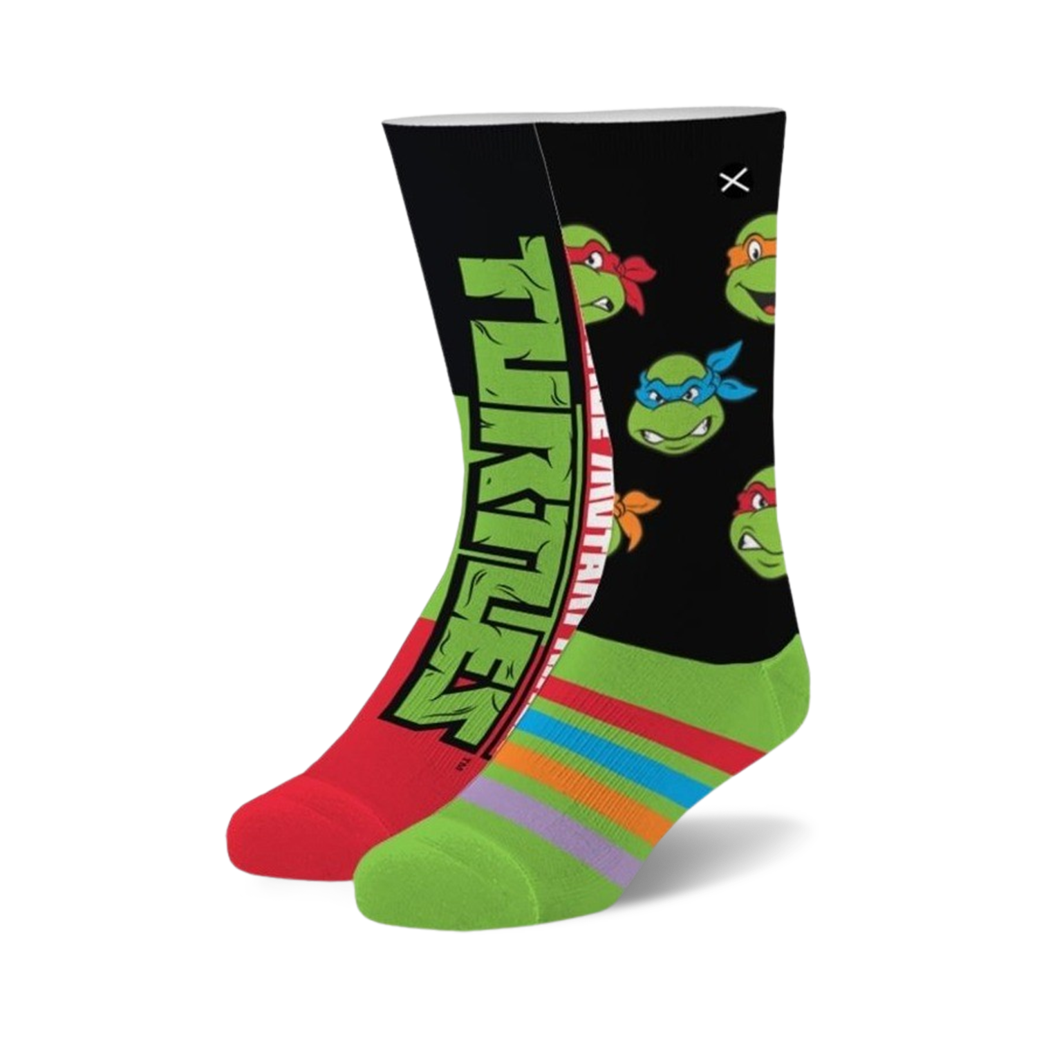 Crew socks with Teenage Mutant Ninja Turtles faces and logo.  Red, green, and black color scheme.