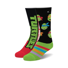  black and green teenage mutant ninja turtles socks with red and green striped cuff for men and women.  