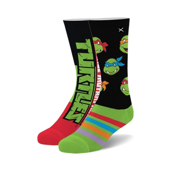  black and green teenage mutant ninja turtles socks with red and green striped cuff for men and women.  