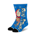Crew socks in blue, featuring Ren & Stimpy cartoon characters and sparkly stars. Black heel and toe.