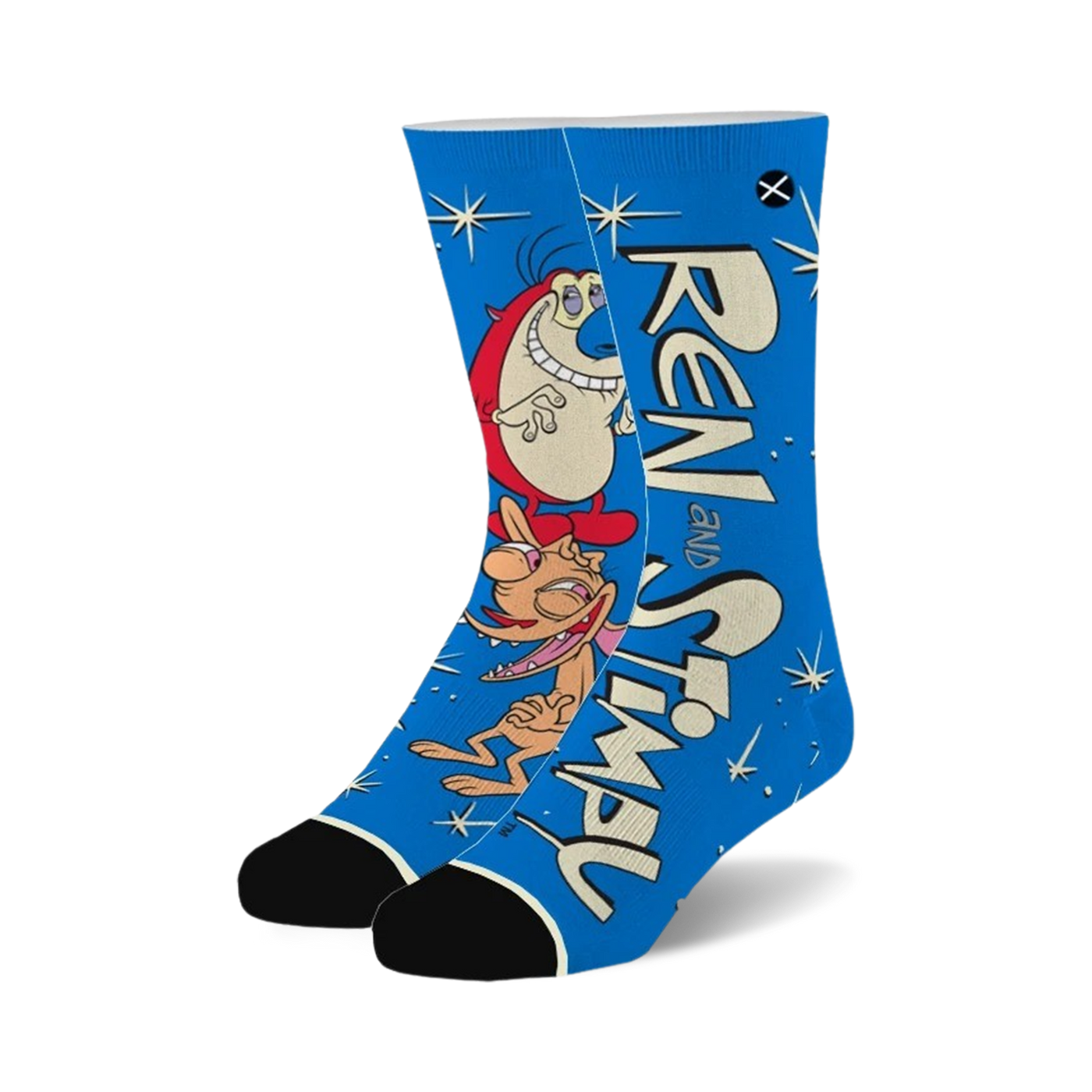 Crew socks in blue, featuring Ren & Stimpy cartoon characters and sparkly stars. Black heel and toe.