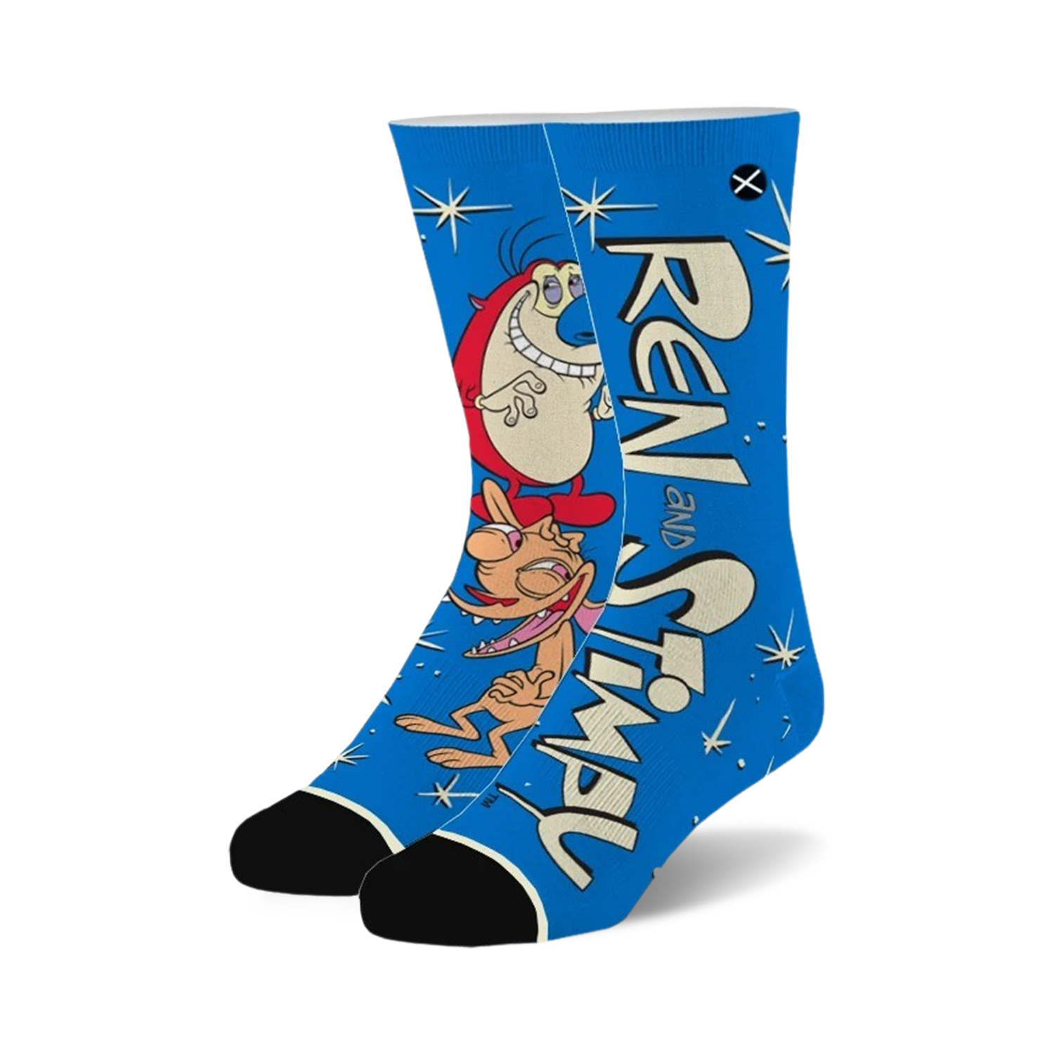 Crew socks in blue, featuring Ren & Stimpy cartoon characters and sparkly stars. Black heel and toe.