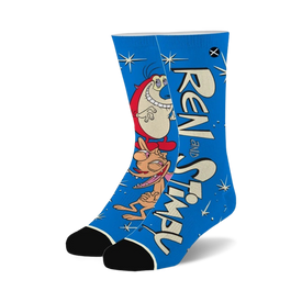 blue crew socks with a hilarious pattern of ren and stimpy   
