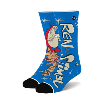 blue crew socks with a hilarious pattern of ren and stimpy   