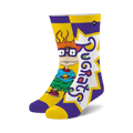 Crew socks featuring Chuckie from Rugrats. The socks are mainly yellow and purple with Chuckie's image and the show's logo.