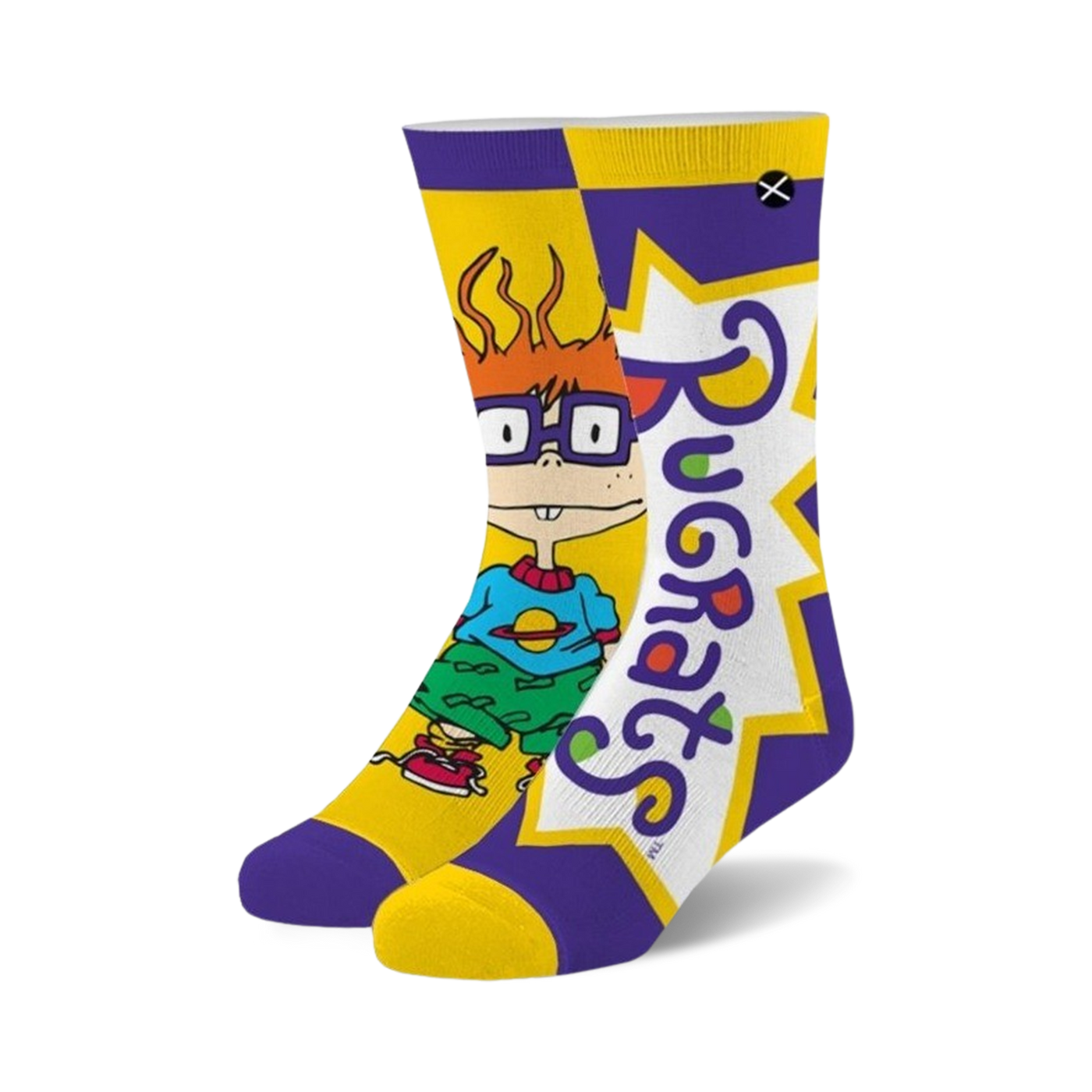 Crew socks featuring Chuckie from Rugrats. The socks are mainly yellow and purple with Chuckie's image and the show's logo.