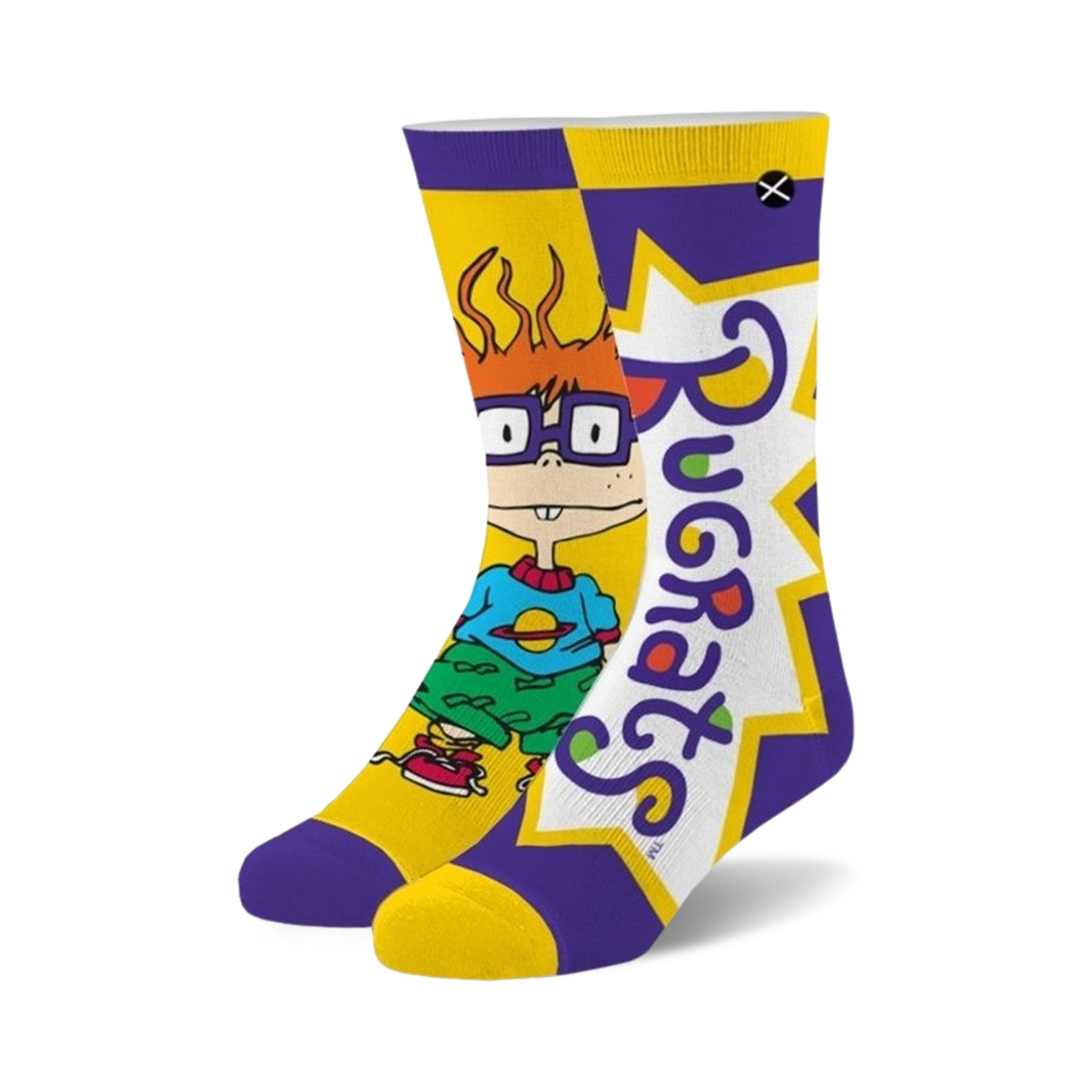 Crew socks featuring Chuckie from Rugrats. The socks are mainly yellow and purple with Chuckie's image and the show's logo.
