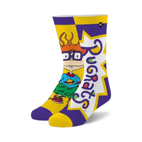 Crew socks featuring Chuckie from Rugrats. The socks are mainly yellow and purple with Chuckie's image and the show's logo.