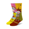 Pair of crew socks featuring Eliza and Donnie from Rugrats in pink, yellow, and green color blocks. The socks have the characters' names written on the bottom.