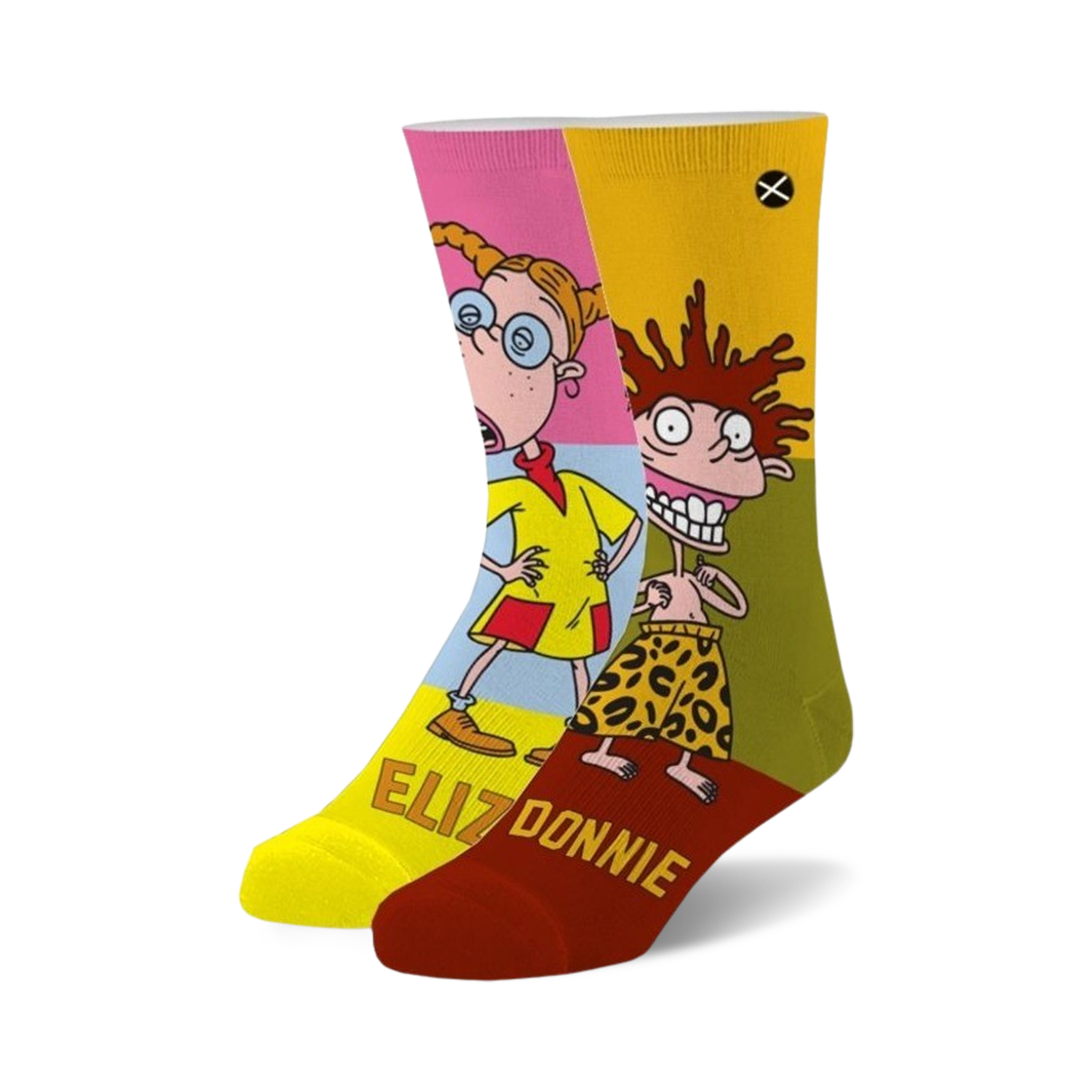 Pair of crew socks featuring Eliza and Donnie from Rugrats in pink, yellow, and green color blocks. The socks have the characters' names written on the bottom.