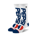 Pair of white crew socks with a navy blue Pepsi logo and red Pepsi globe design.  The socks have navy blue cuffs.