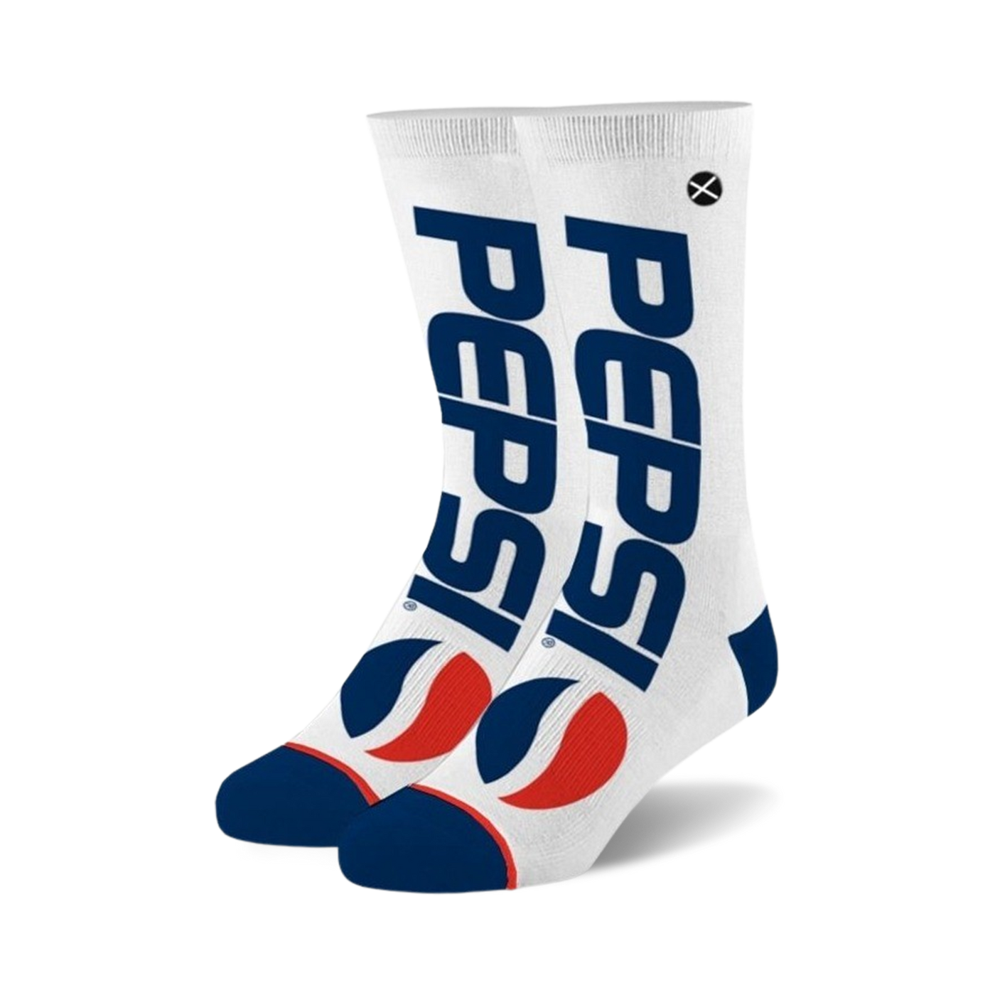 Pair of white crew socks with a navy blue Pepsi logo and red Pepsi globe design.  The socks have navy blue cuffs.