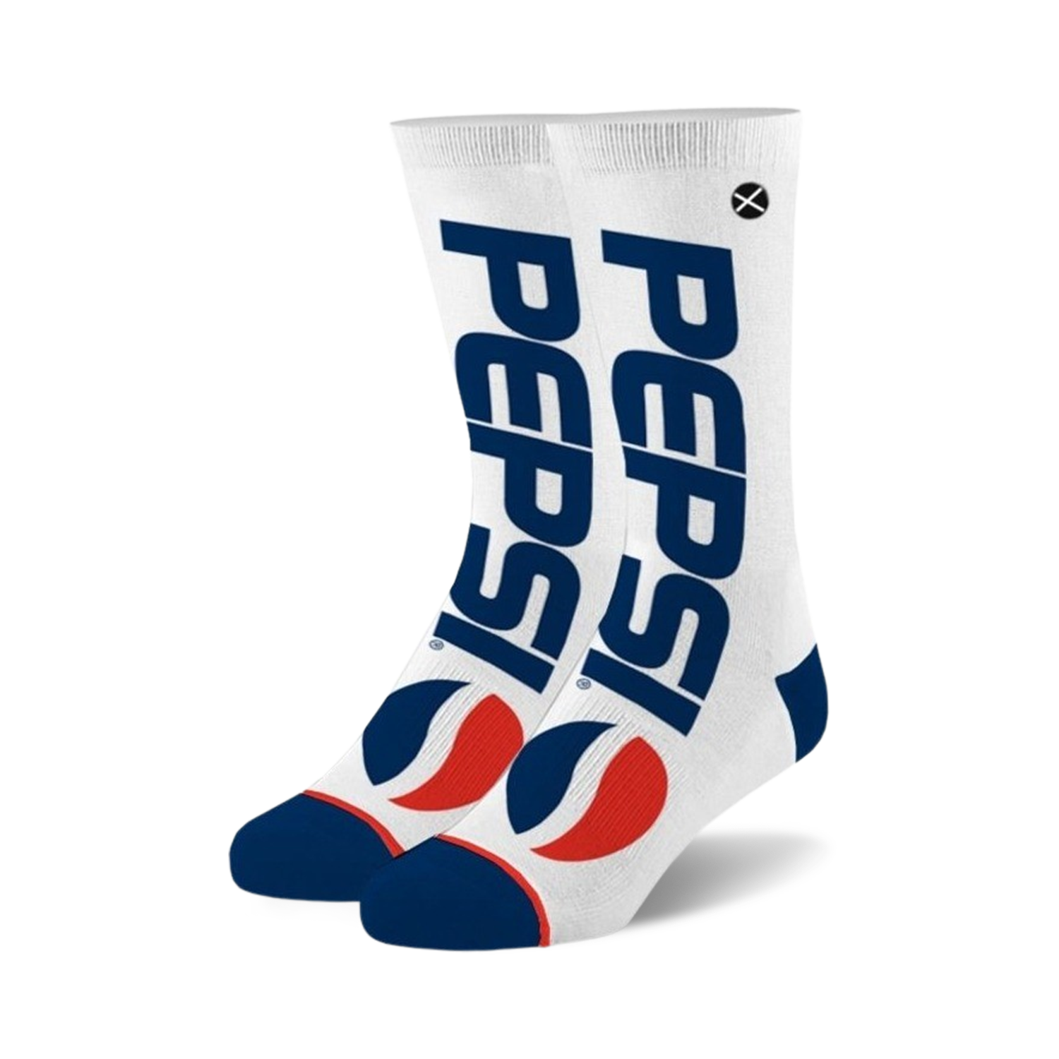 Pair of white crew socks with a navy blue Pepsi logo and red Pepsi globe design.  The socks have navy blue cuffs.