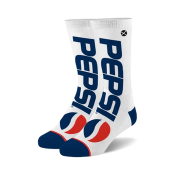 pepsi cool socks: white crew socks for men and women with blue toe and heel, red and white striped cuff, pepsi text and logo knit in.  