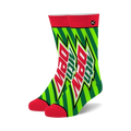 Pair of crew socks featuring a vibrant green and red Mountain Dew 'Do the Dew' design.  Striped background with bold logo.