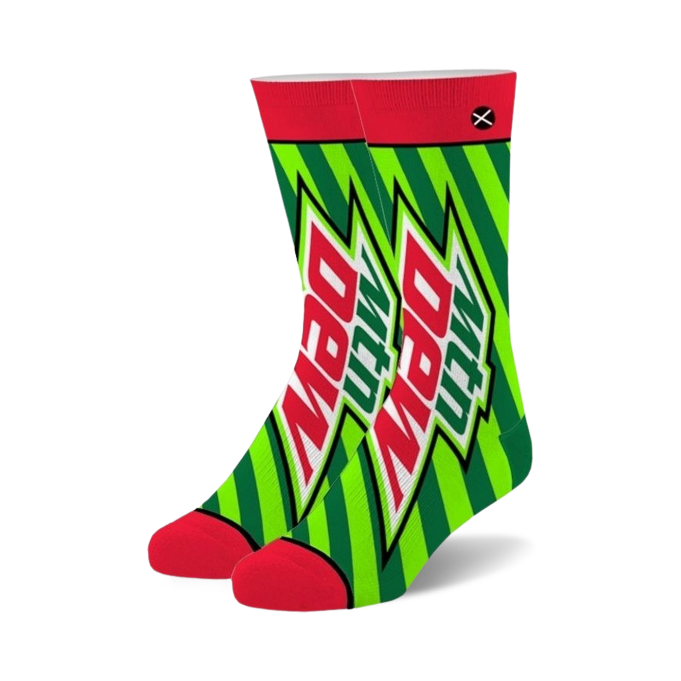 Pair of crew socks featuring a vibrant green and red Mountain Dew 'Do the Dew' design.  Striped background with bold logo.