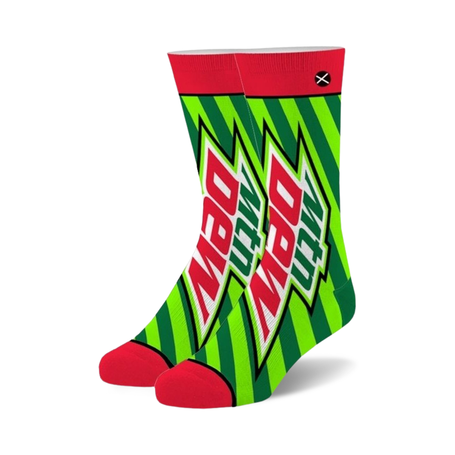 Pair of crew socks featuring a vibrant green and red Mountain Dew 'Do the Dew' design.  Striped background with bold logo.