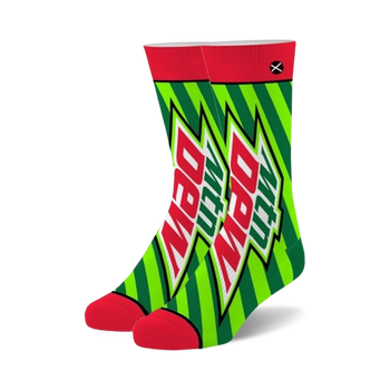 mountain dew just dew it crew socks in green with red toe, heel, and top. white and green striped pattern with mountain dew logo.  
