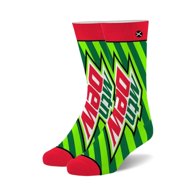 mountain dew just dew it crew socks in green with red toe, heel, and top. white and green striped pattern with mountain dew logo.  