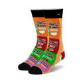 Pair of crew socks featuring Top Ramen flavor packets: chicken, beef, chili, and shrimp.  Colors include orange, pink, green, and black.